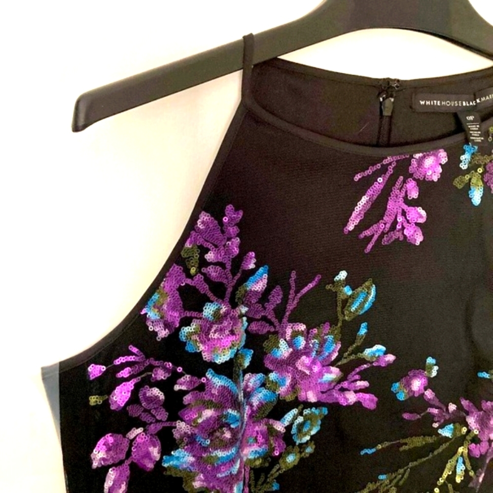 White House Black Market Black Dress with Purple & Blue Sequin Floral